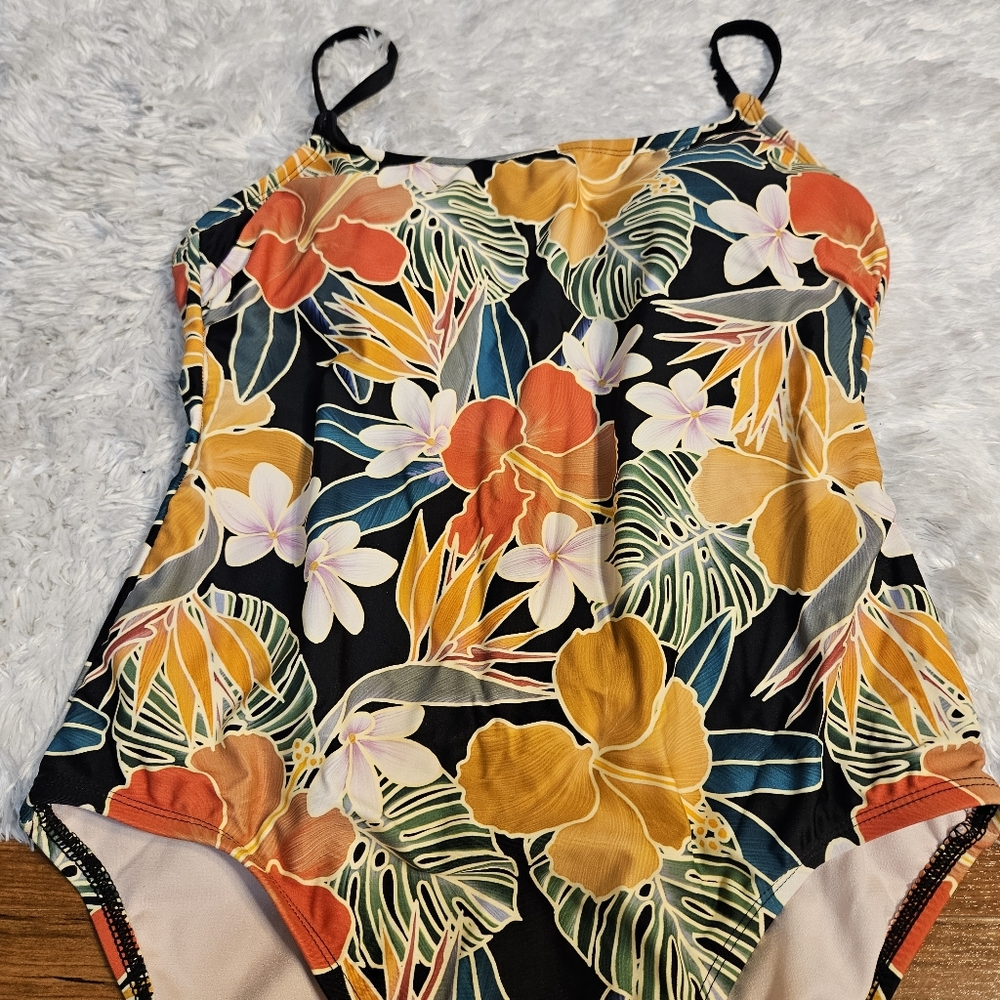 Floral‎ One Piece Swimsuit Tropical Print Black Orange Yellow Bathing Suit Sz L - Picture 3 of 16